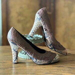 Isabella Fiore Studded Kiltie Snake Print Platform Pumps